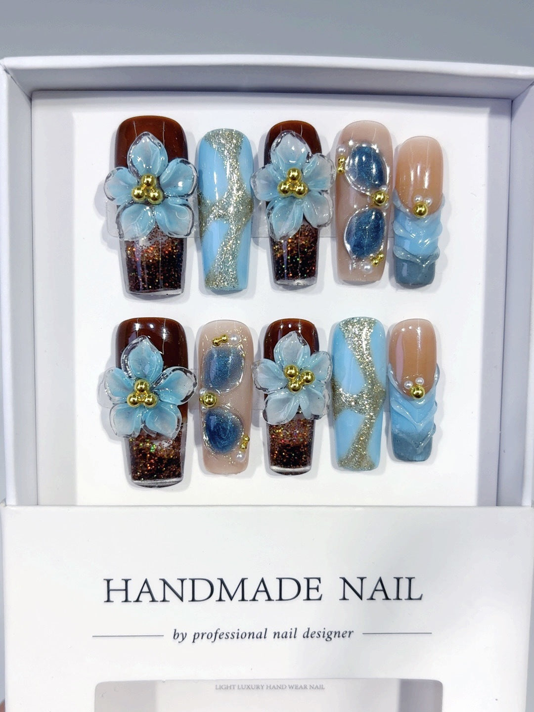 Blue Floral Sculpted Long Press On Nails