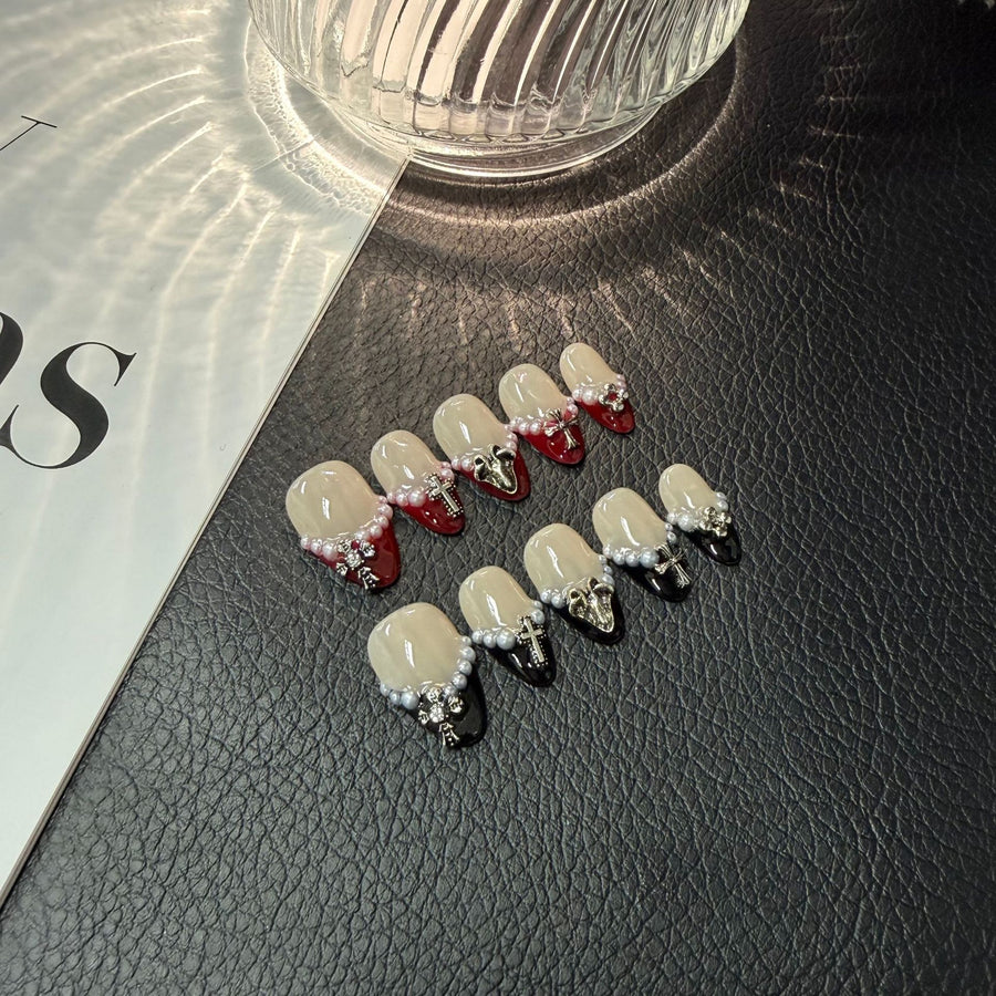 365nails: "Dark Romance" – 3D Pearl & Rhinestone Handmade Press on Nails Almond Nails