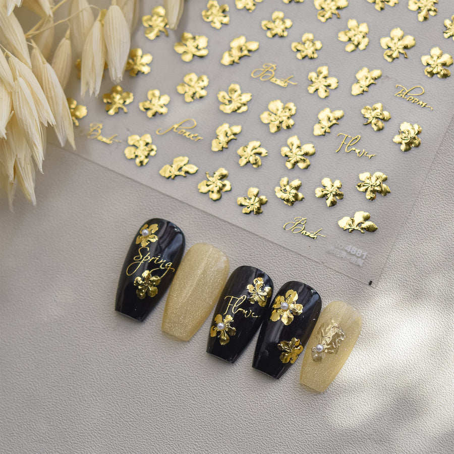 Gold Foil Cherry Blossom: "Elegant Sakura Bloom" – 5D Embossed Nail Sticker