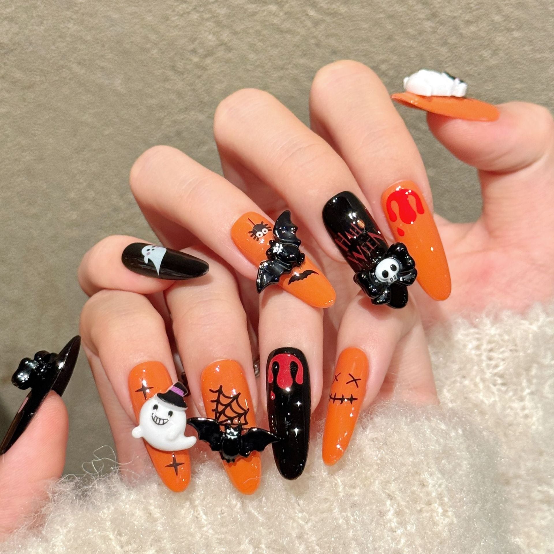 Halloween Ghost Skull Orange Black Horror Press On Nails