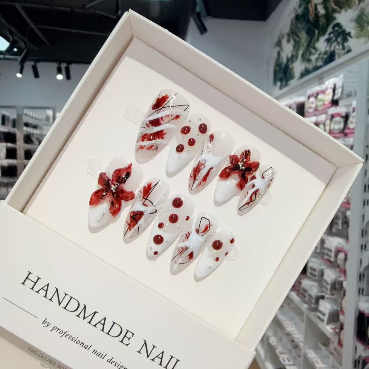 365nails: "Ruby Bloom" – 3D 입체 꽃 수제 스틸레토형 프레스온 네일