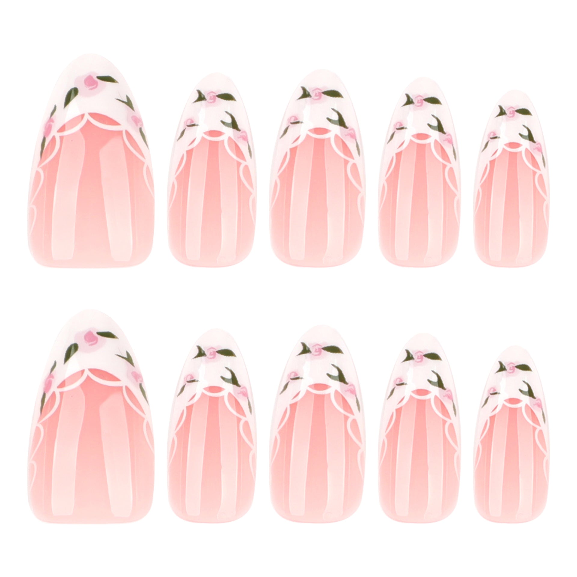 法式白色清新綠葉花朵簡約短款杏仁形穿戴甲｜365nails