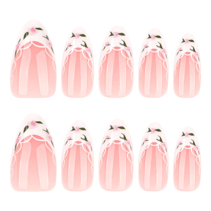 French white fresh green leaf flower  simple manicure fake nail short almond nail ｜365nails