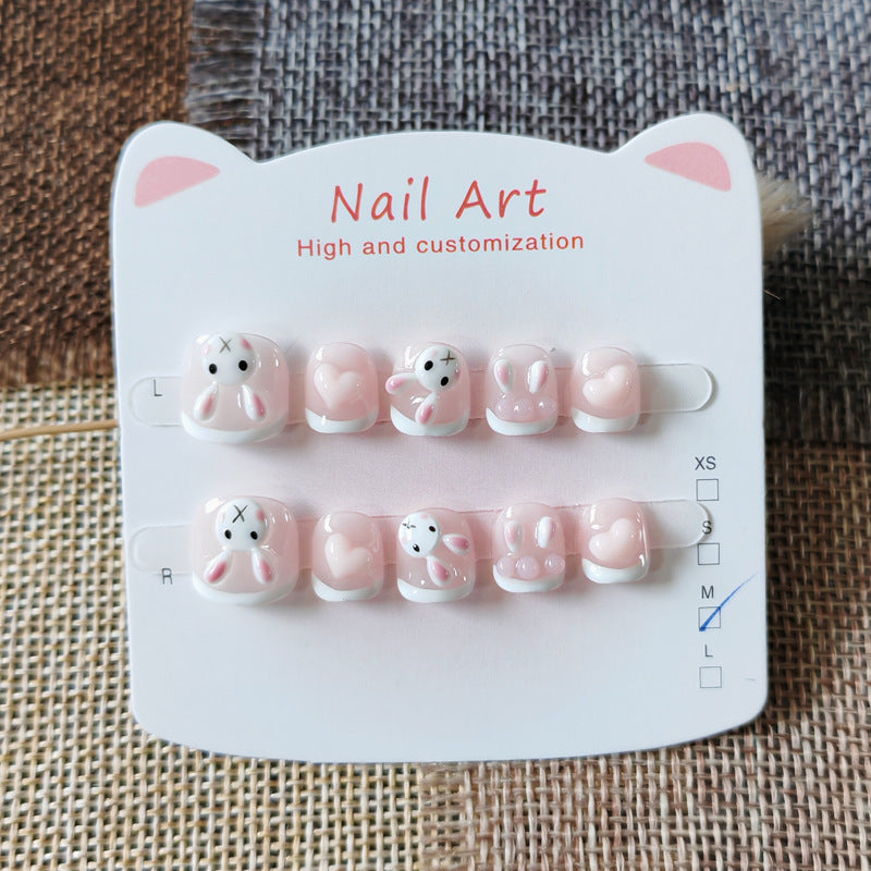 365nails: "peach french bunny" – short round handmade kids press-on nails