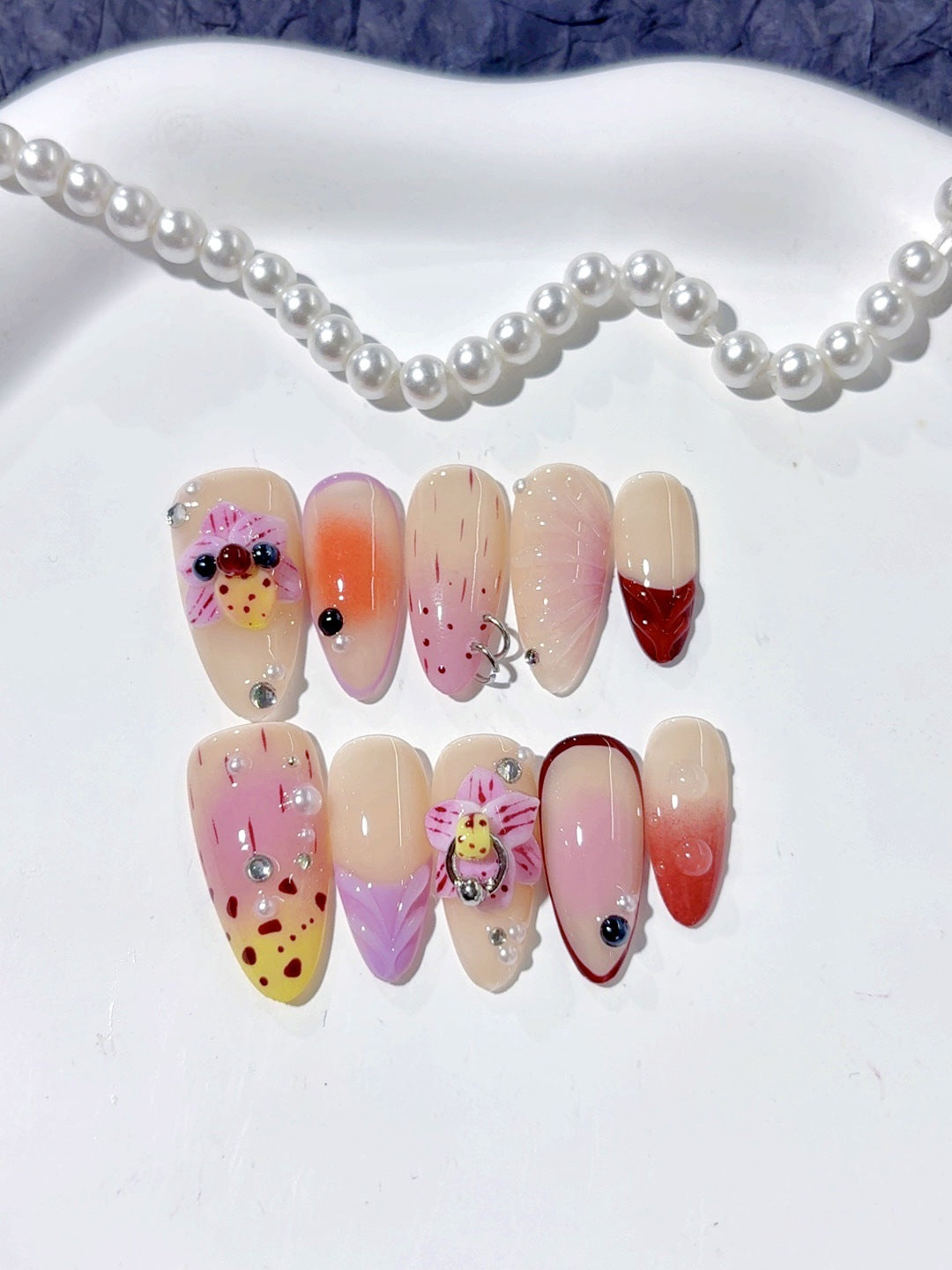 365nails: "Tropical Orchid Gradient" – Medium Almond Floral Fruit Handmade Press-On Nails