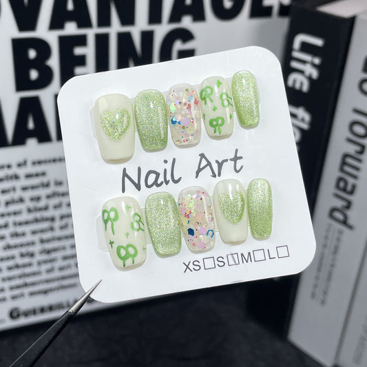 Spring and summer new manicure Qingti cat eye cute hand-painted bow handmade press-on nails wearable nail sticker wholesale｜365nails