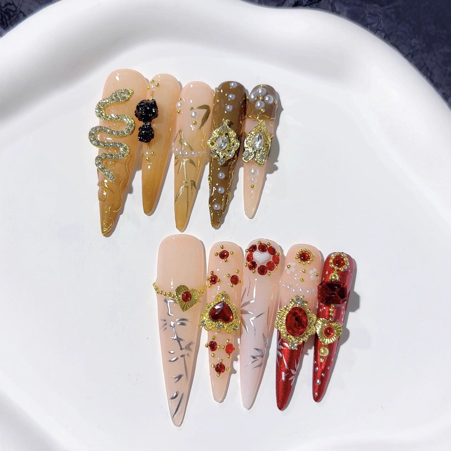 Baroque Gold Heart Crystal Extra Long Press On Nails