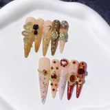 Baroque Gold Heart Crystal Extra Long Press On Nails