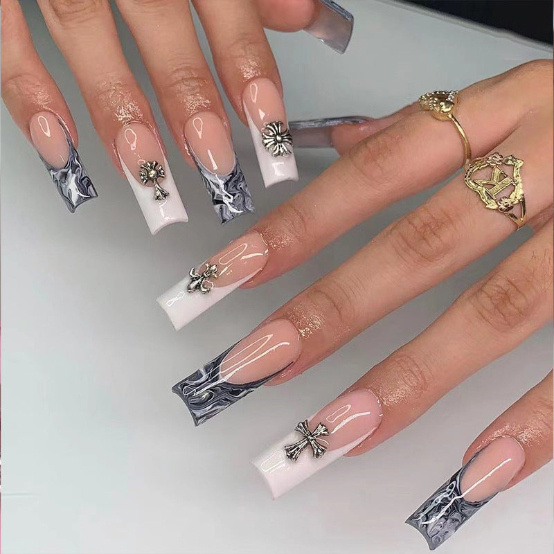 프렌치 블랙·화이트 스머지 크로스 롱 발레리나형 프레스온 네일 조각(도매)｜365nails