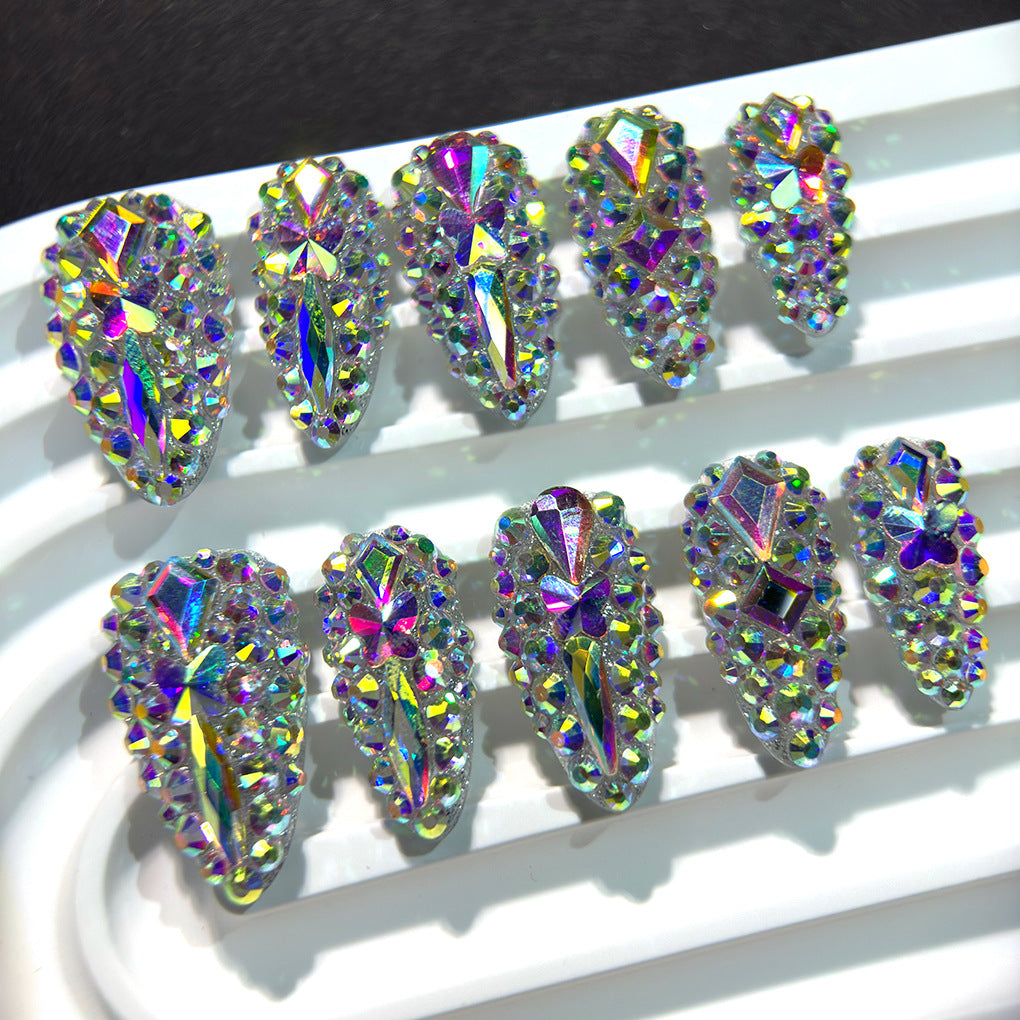 AB Crystal Full Rhinestone Short Almond Press On Nails