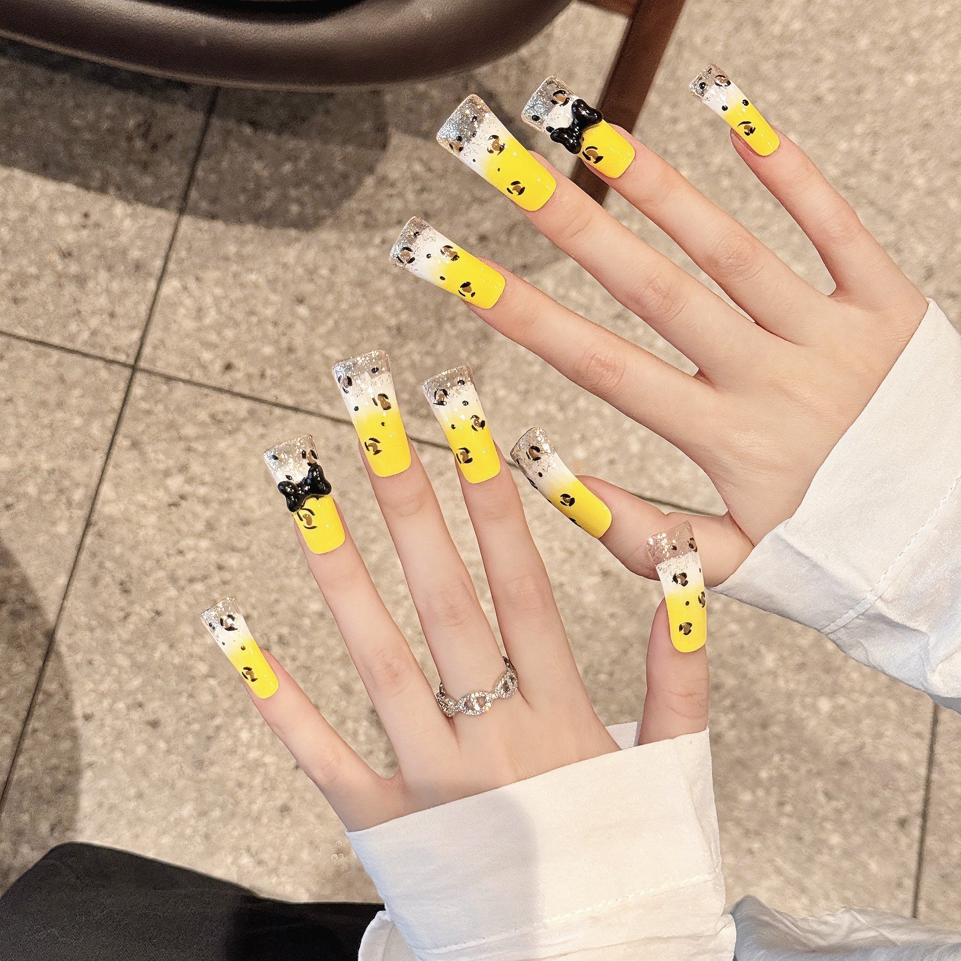 365nails: "Golden Hour Glam" – 3D Bow & Leopard Print Handmade Coffin Nails