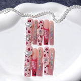 Pink Leopard Heart Crystal Glam Press On Nails