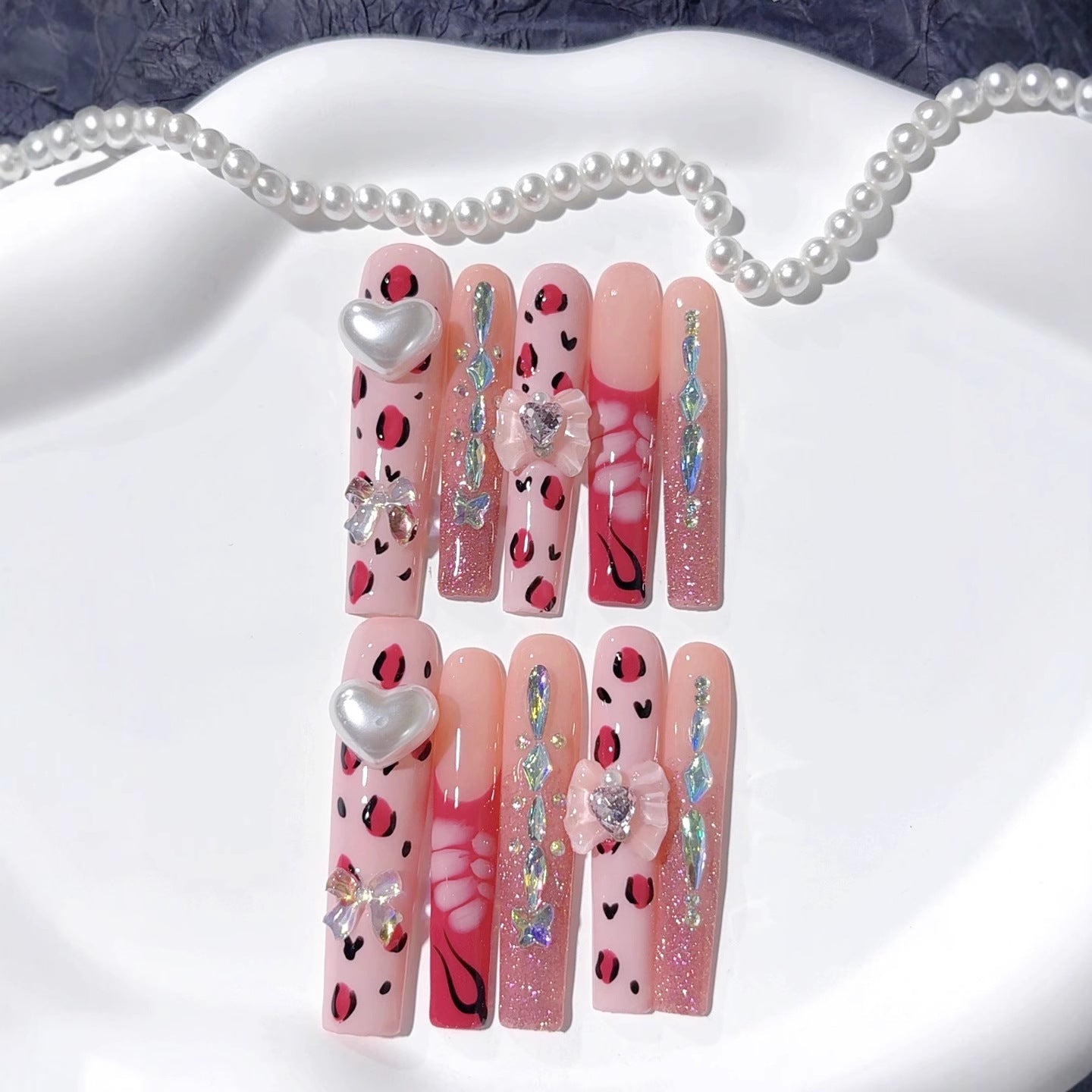 Pink Leopard Heart Crystal Glam Press On Nails