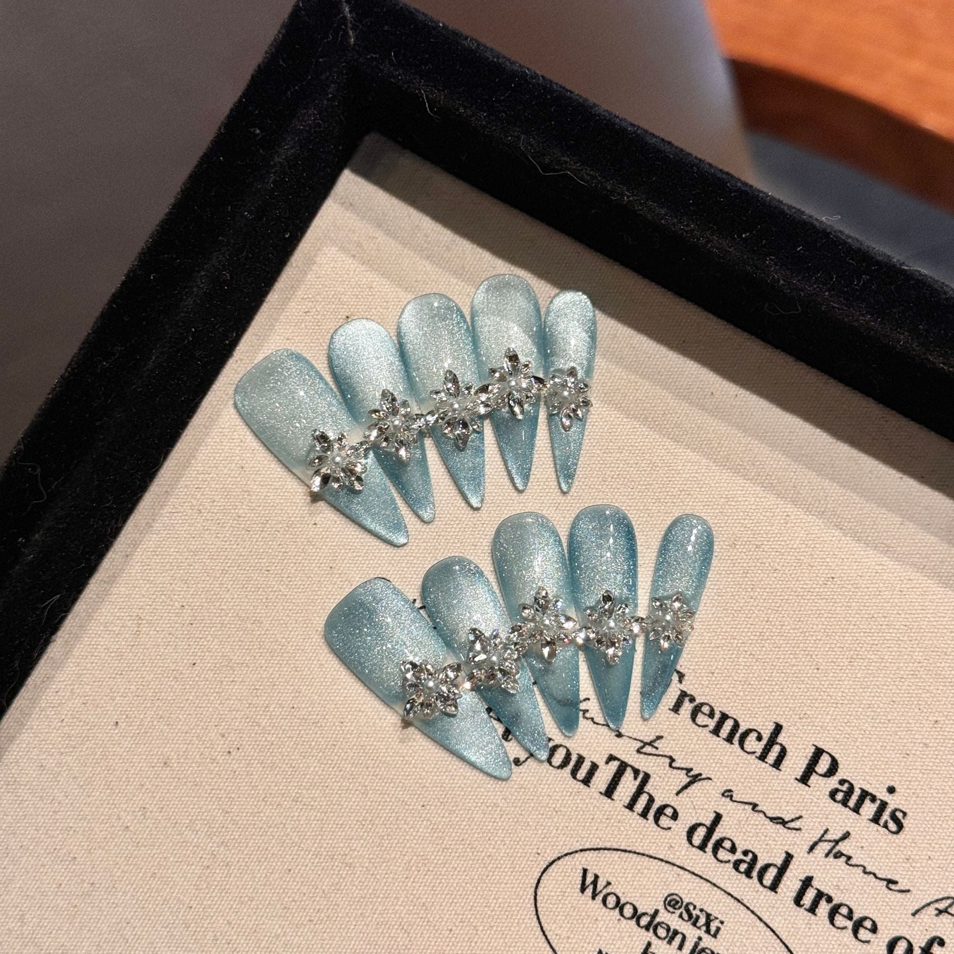 365nails: "Frosted Aurora" – Iridescent Glitter & Crystal Starburst Handmade Almond Nails
