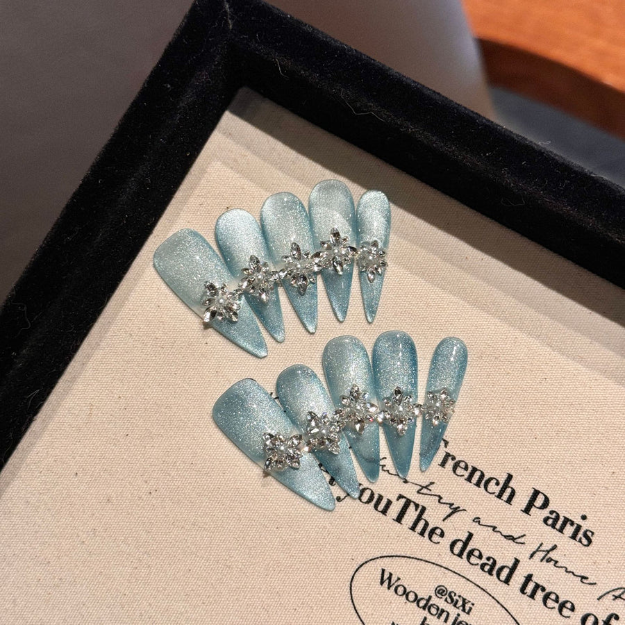 365nails: "Frosted Aurora" – Iridescent Glitter & Crystal Starburst Handmade Almond Nails