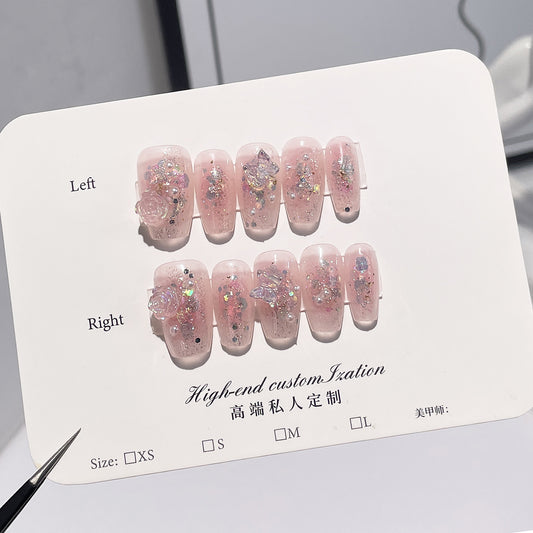 Handmade Press-on Nails blush sparkle three-dimensional camellia short nail patch wearable nail sticker wholesale｜365nails