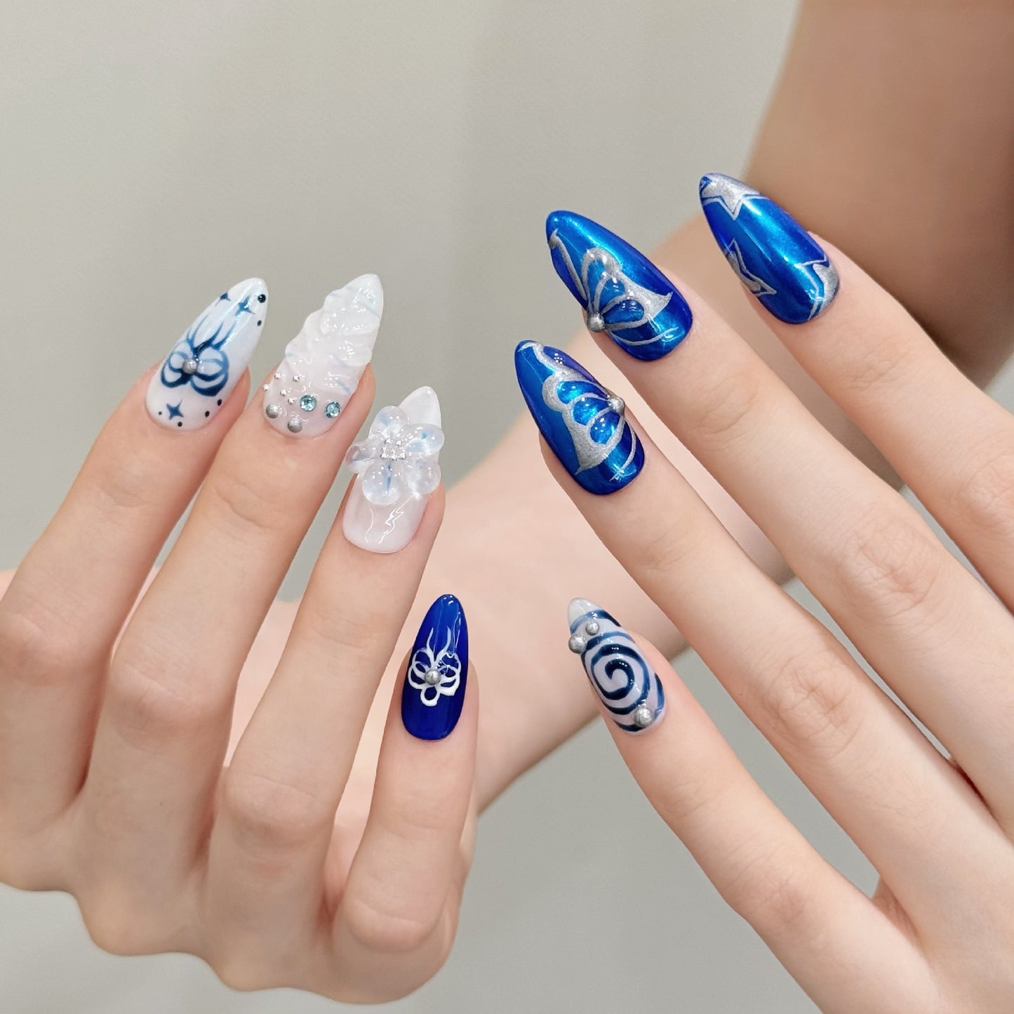Blue Ribbon Floral Sparkle Press On Nails