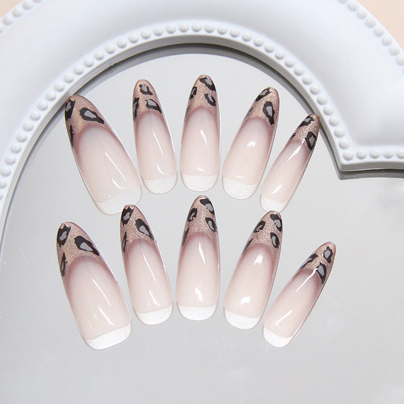 Nail Tips  prefabricated nail champagne French cat eye leopard print fashionable sweet and cool white  removable nail art pieces 30 pieces｜365nails