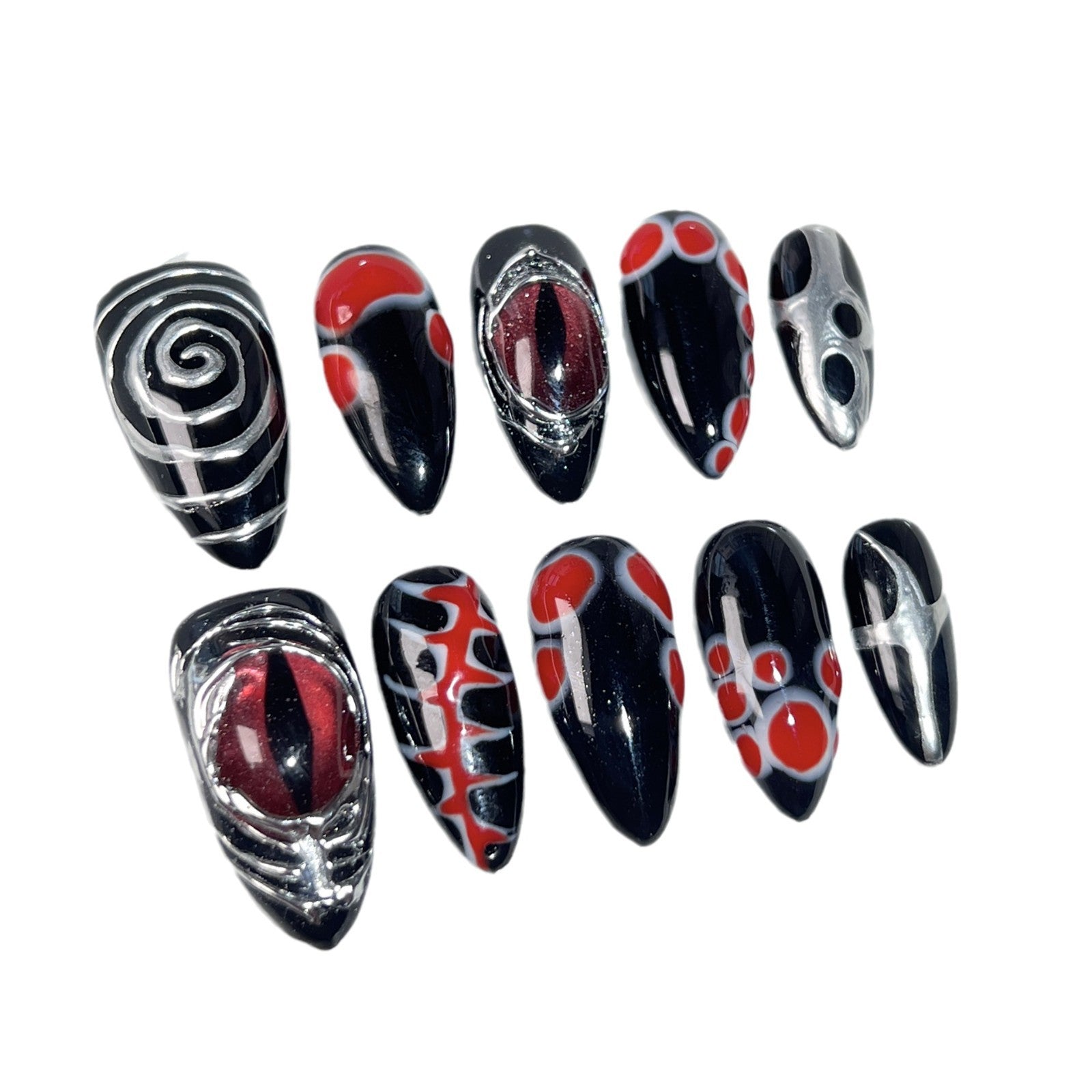 Dark Blood-Eye Nails with Bold Gothic Graphic Accents