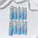 Blue Ombre Floral Crystal Elegant Press On Nails