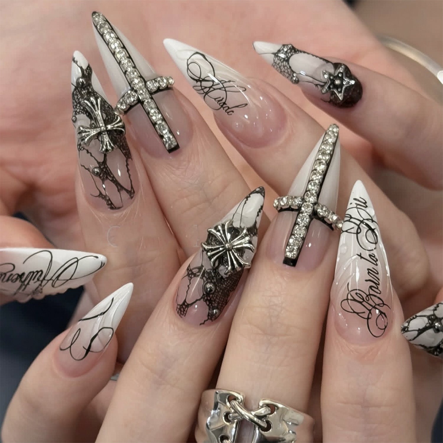 365nails: "Gothic Cross Lace Stiletto" – Rhinestone & Letter Press-on Nails