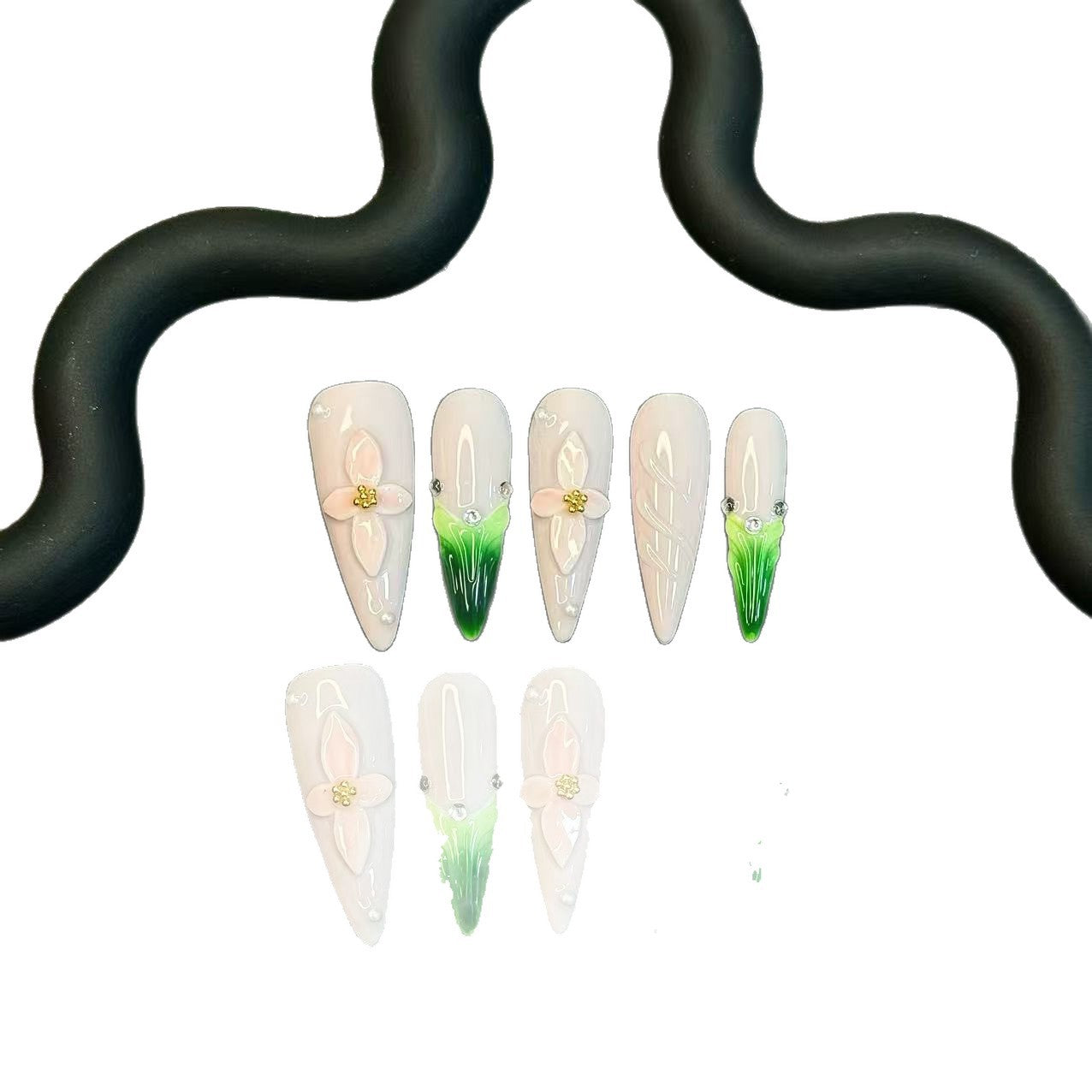 365nails: "Murmure du lotus" – Ongles 3D floraux, fait main, forme stiletto