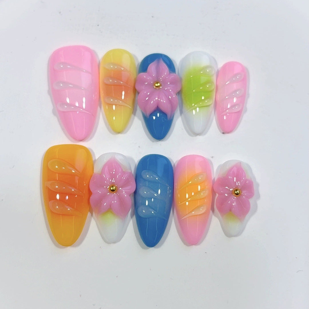 Rainbow Fantasy: "Vivid Floral Echo" – Almond Shape 3D Handmade Press On Nails