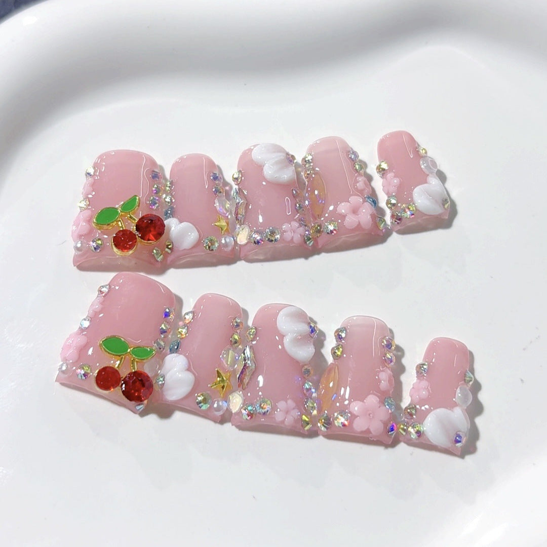 Cherry Sweet: "Sparkle Cherry Cloud" – Square Press-On Nails