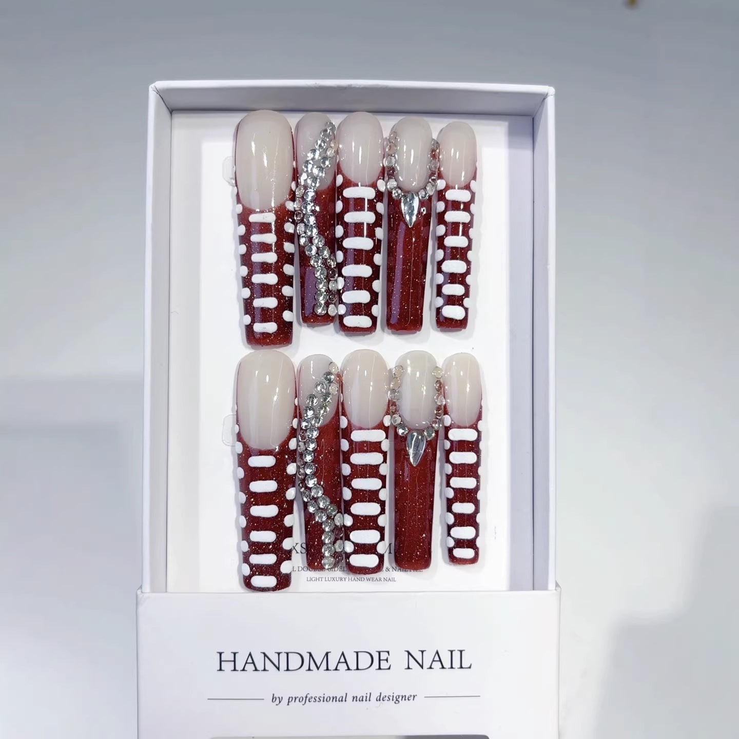 Red Linear Crystal Accent Modern Press On Nails