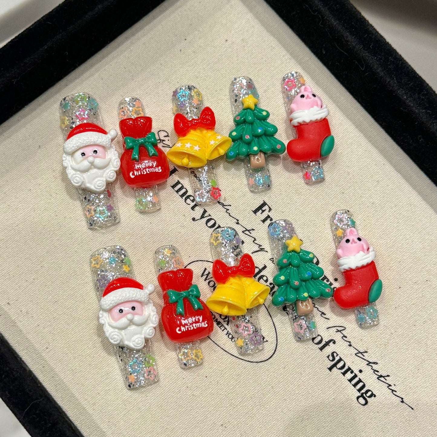 Festive 3D Christmas Press‑On Nails – Santa, Tree & Gift Glitter Long Design