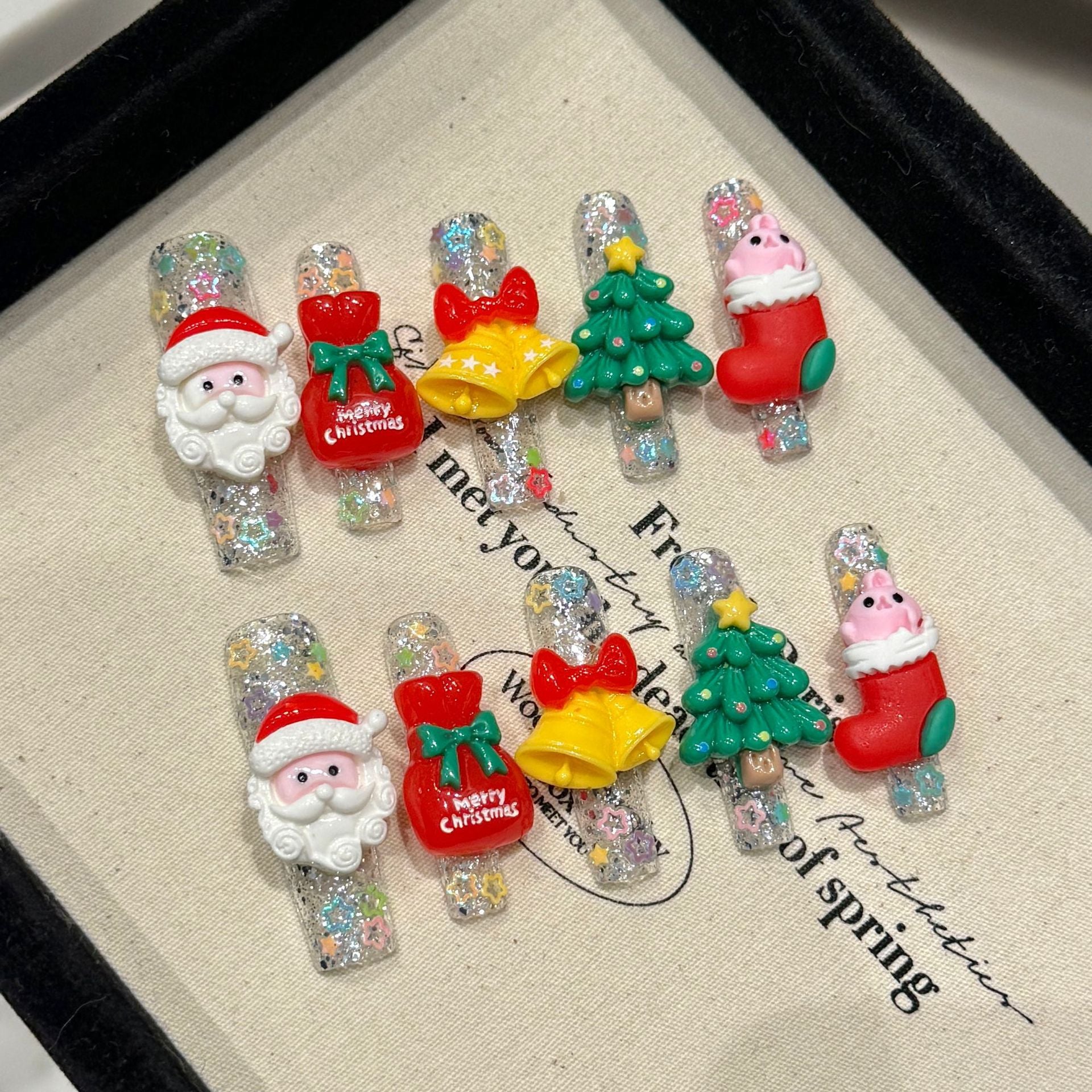 Festive 3D Christmas Press‑On Nails – Santa, Tree & Gift Glitter Long Design