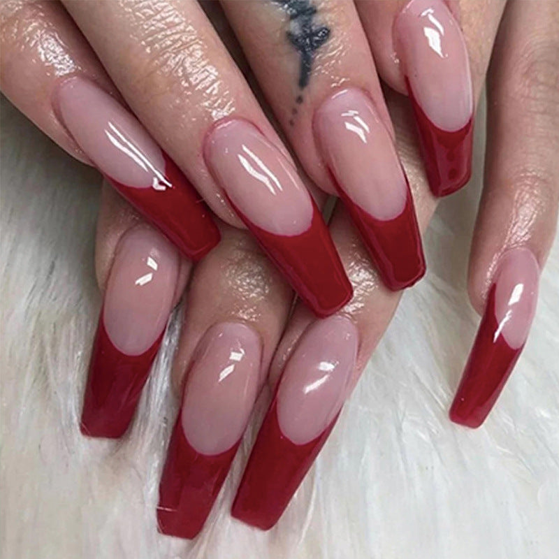 Armadura larga, sencilla, con borde rojo, francesa, con parche de uña blanca, uña terminada｜365nails