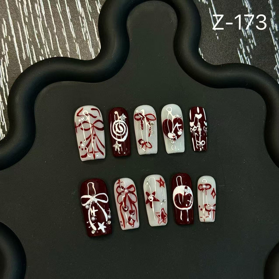 365nails: "Crimson Ribbon" – 핸드페인팅 리본 수제 미디엄 스퀘어형 네일