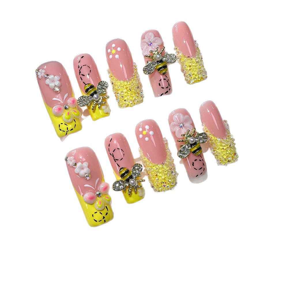 Honey Bee Floral Sweet Crystal Press On Nails
