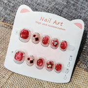 365nails：「紅寶石亮粉浪漫」— 手工製可愛短款橢圓形穿戴甲（寶石與花朵圖案）