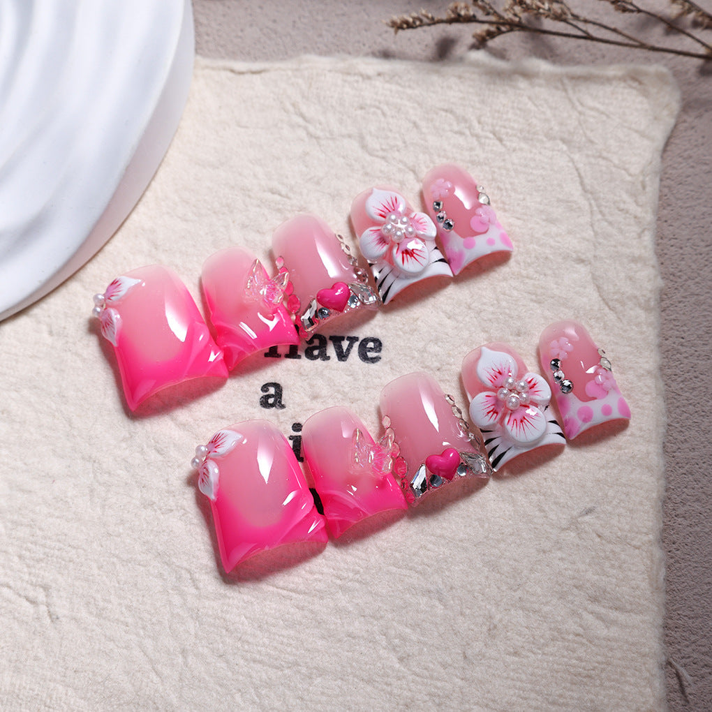 Pink Jelly Nails with Floral Heart and Sweet Accents