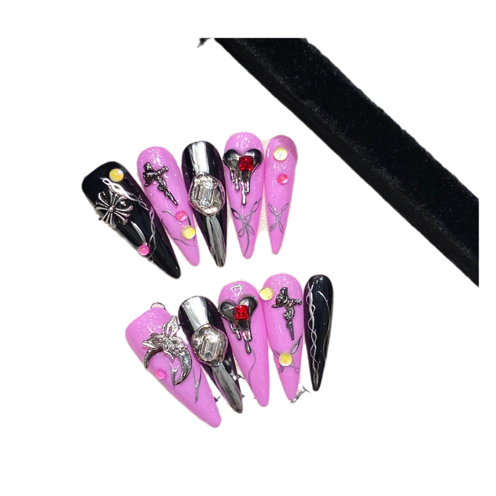 Uñas postizas de metal irregular, oscuras, dulces y frescas, con diseño avanzado, hechas a mano | 365nails