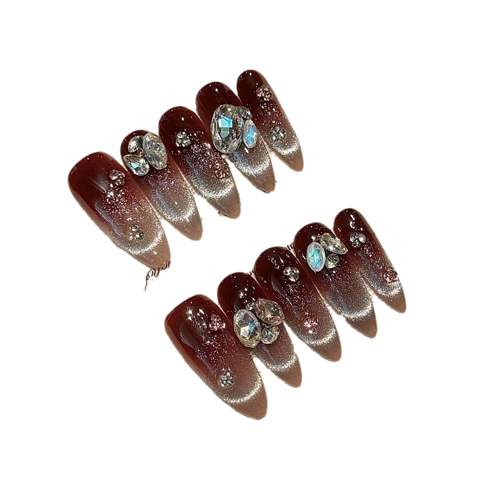 365nails: "Midnight Ruby" – Unhas Longas Amendoadas Feitas à Mão com Pedras Preciosas 3D