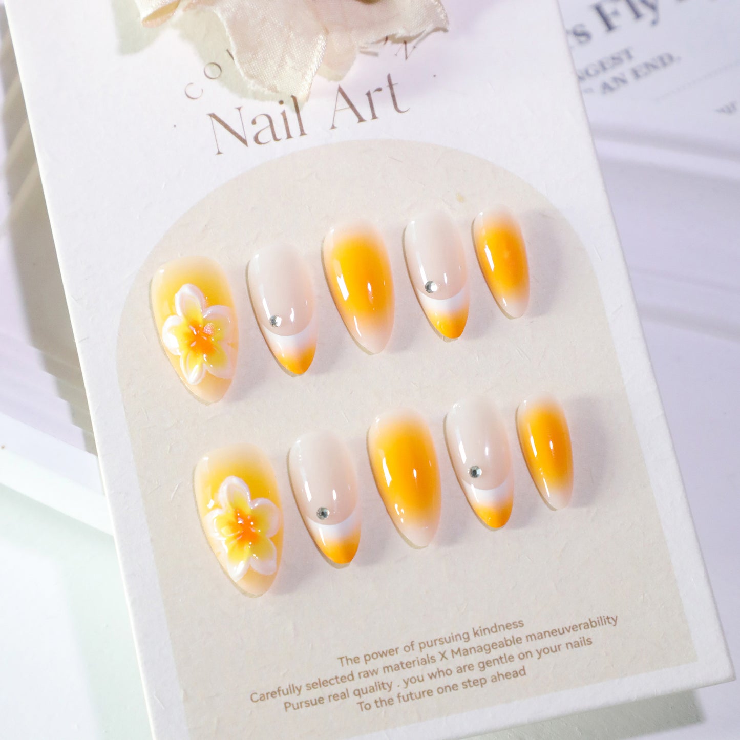3D flower short almond French removable press-on nails