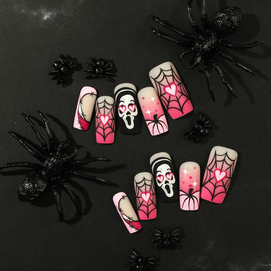 Nail piece Wear nail Halloween nail art pink gradual change love pumpkin spider web skeleton press on nails｜365nails