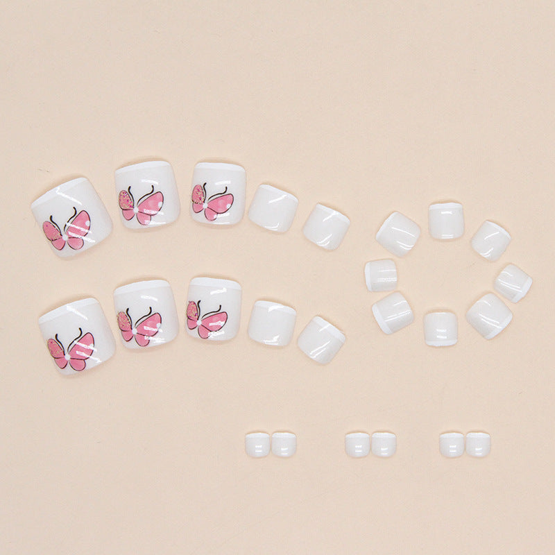 Manicura francesa simple y pura en blanco, linda y sencilla con mariposa rosa, uñas postizas postizas terminadas, uñas postizas, uñas postizas, pieza de uña｜365nails