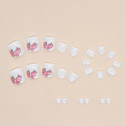 Manicura francesa simple y pura en blanco, linda y sencilla con mariposa rosa, uñas postizas postizas terminadas, uñas postizas, uñas postizas, pieza de uña｜365nails