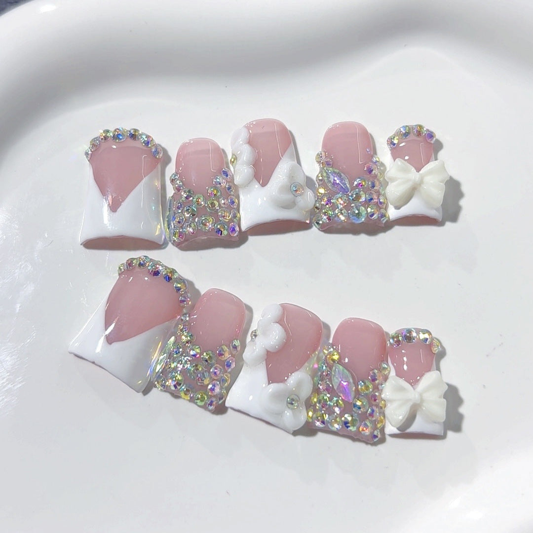 Bridal Elegance: "White Bow Crystal" – Short Square Handmade Press-Ons