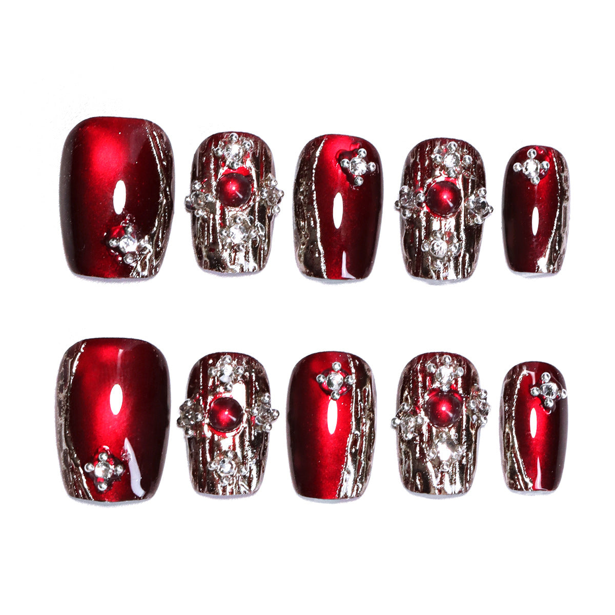 復古輕奢寶石感貓眼紅色分碼穿戴甲—閃鑽成品批發｜365nails