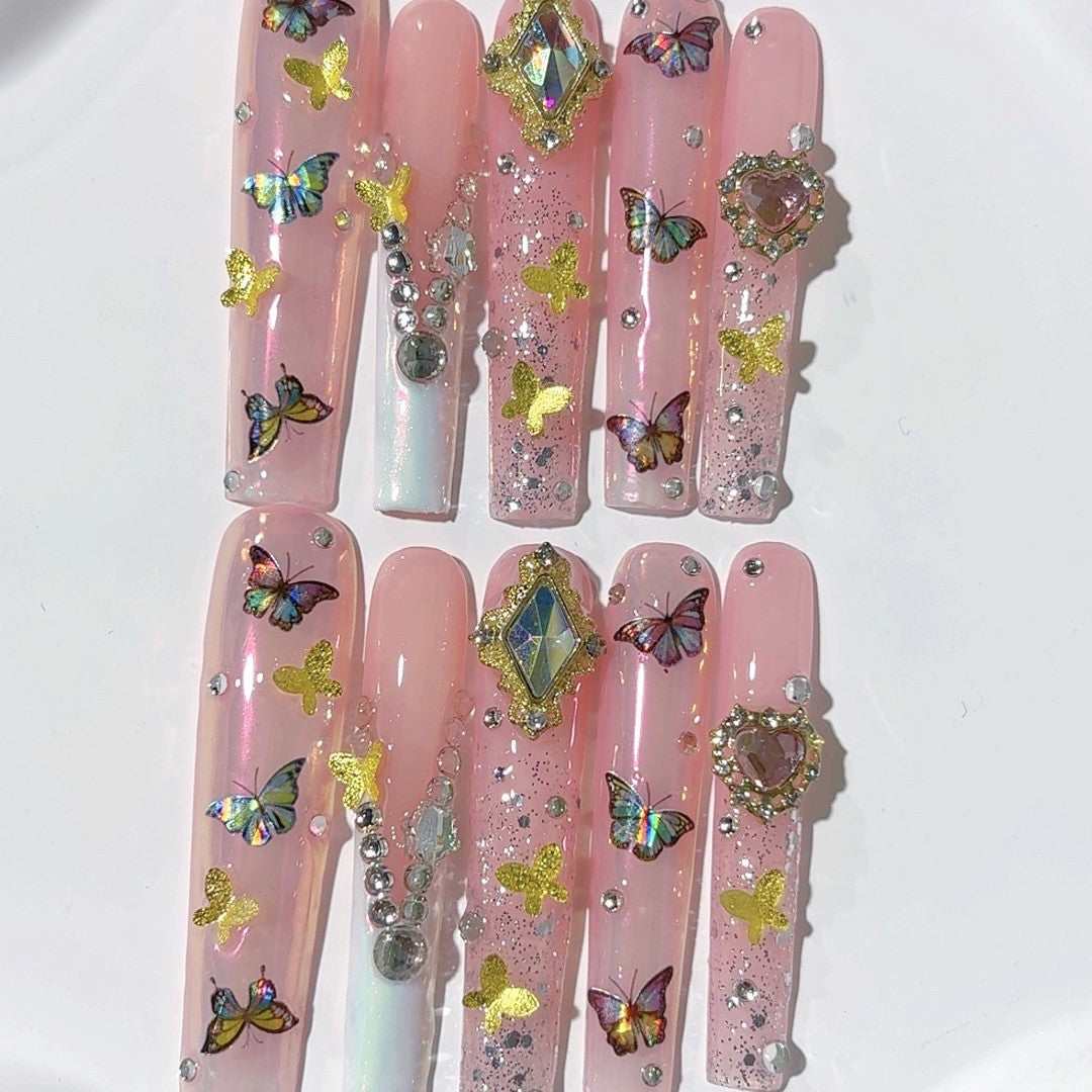 Pink Butterfly Crystal Fantasy Press On Nail Set