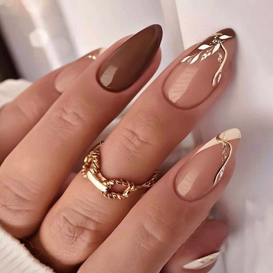 Leaf simple brown wearable nail piece  nail piece Nail piece Nail piece Wearable nail piece Nail piece Wholesale｜365nails