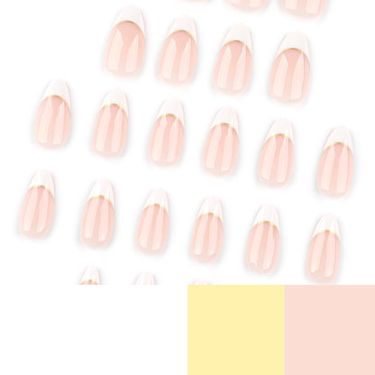 Unhas postiças francesas simples com bordas brancas e curtas, amêndoas, peça de unha postiça curva dourada, 365nails