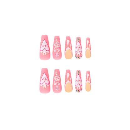Press on nail matte pink French water drop snake pattern rhinestone nail patch Press-on nails art finished product wholesale