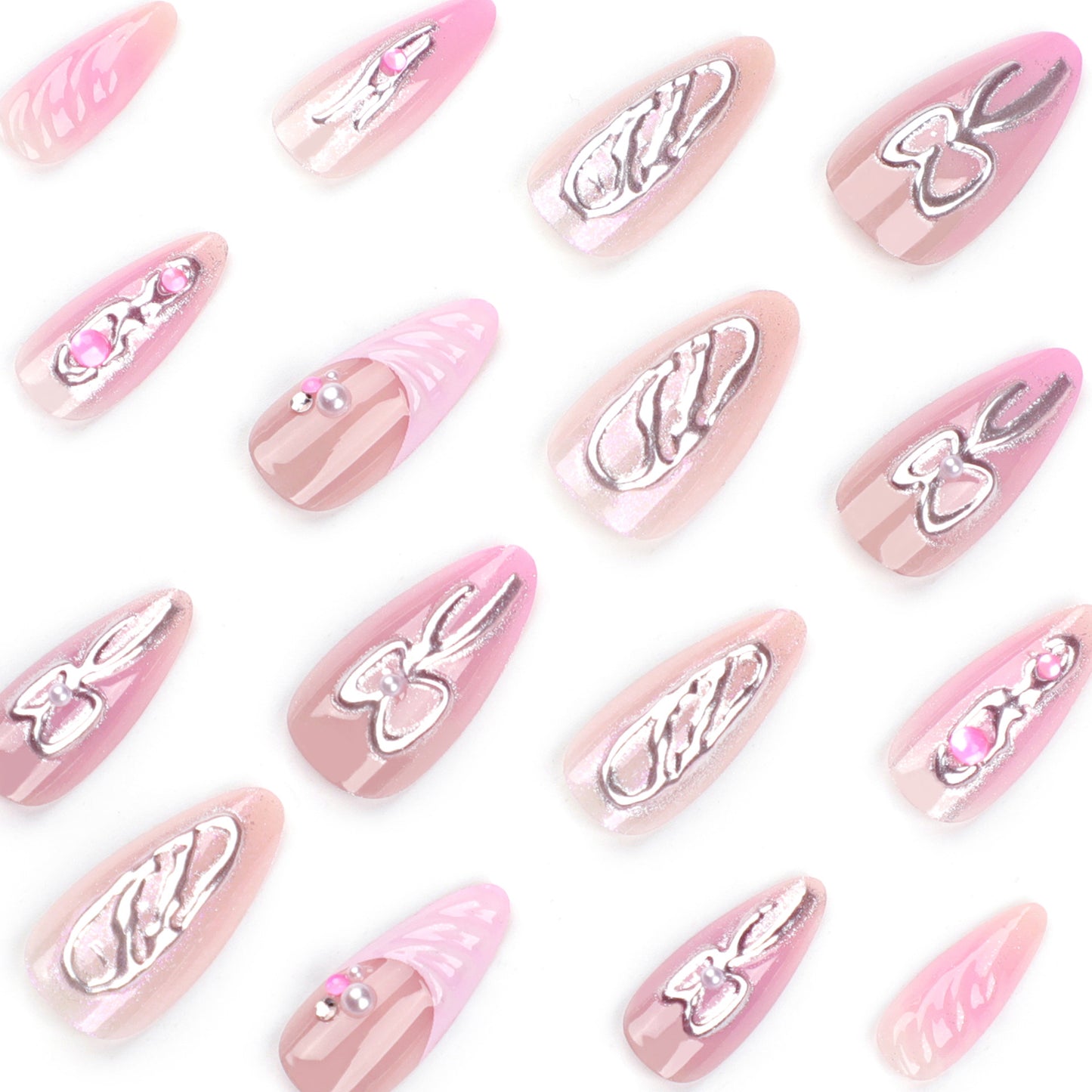 Espelho mágico tridimensional com laço rosa prateado, unhas postiças artísticas em atacado, unhas postiças francesas 3D rosa ｜365nails