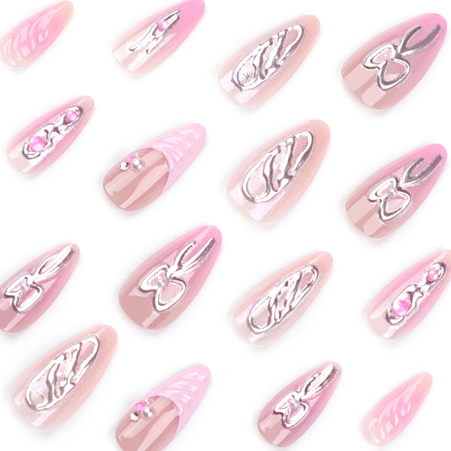 Nail art 3D avec nœud, miroir magique rose argenté, ongles press-on en gros, faux ongles sucrés 3D rose français｜365nails